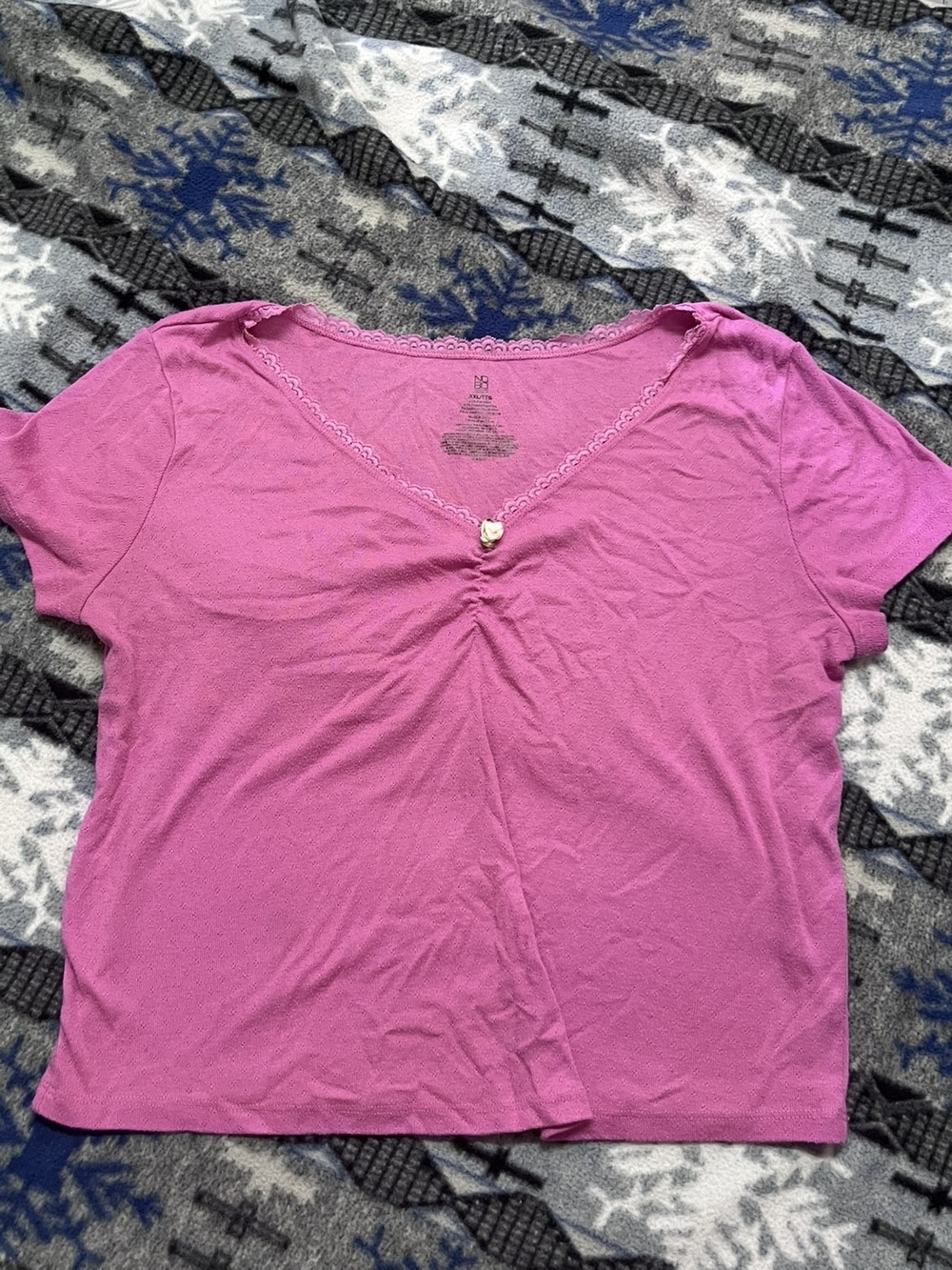 No Boundaries Pink V-Neck Short Sleeve Top with Button Detail